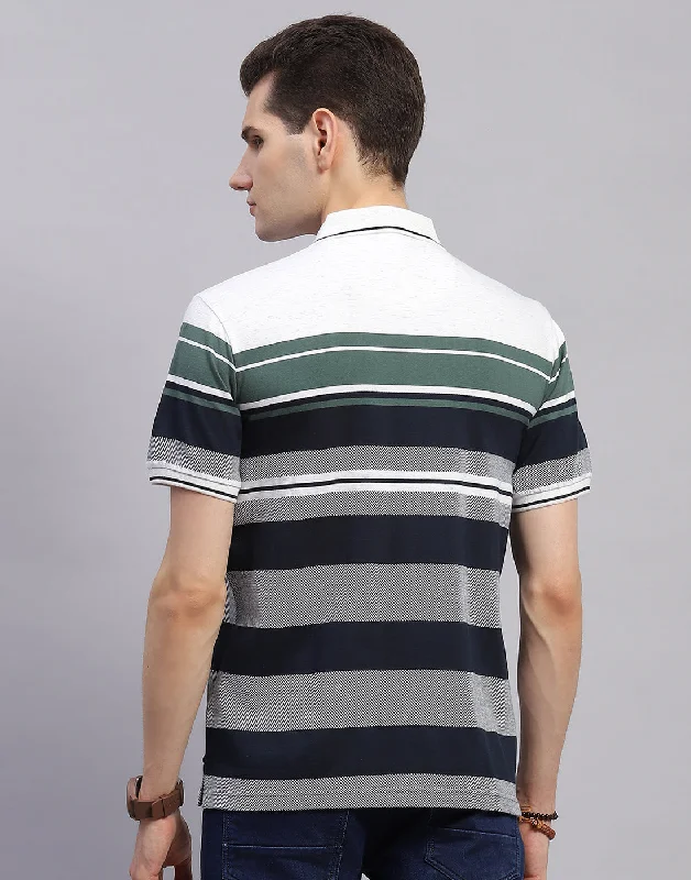 Men Navy Blue Stripe Collar Half Sleeve T-Shirt