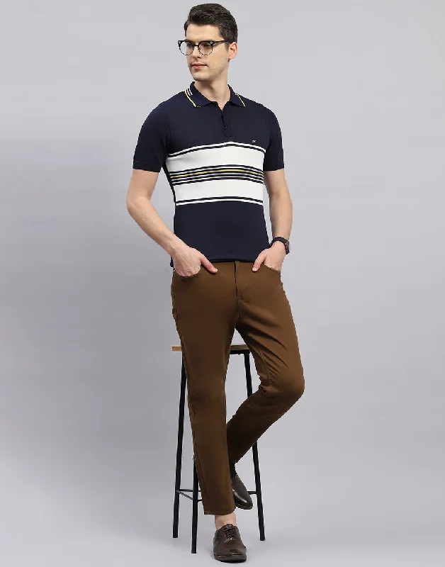 Men Navy Blue Stripe Polo Collar Half Sleeve T-Shirt