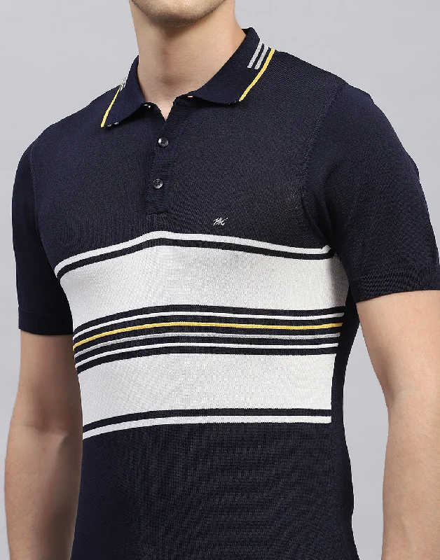 Men Navy Blue Stripe Polo Collar Half Sleeve T-Shirt