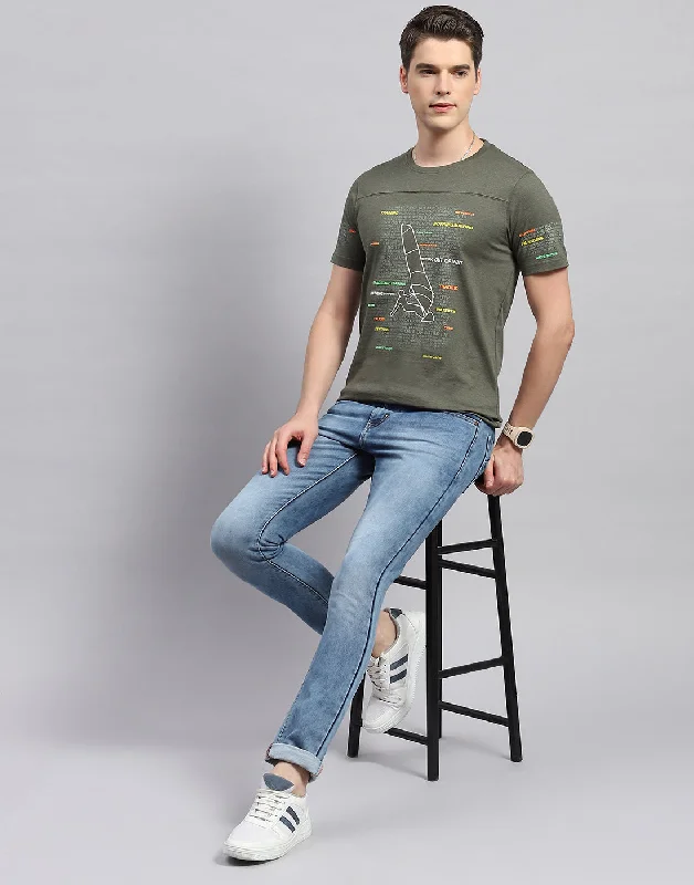 Men Olive Printed Round Neck Half Sleeve T-Shirt