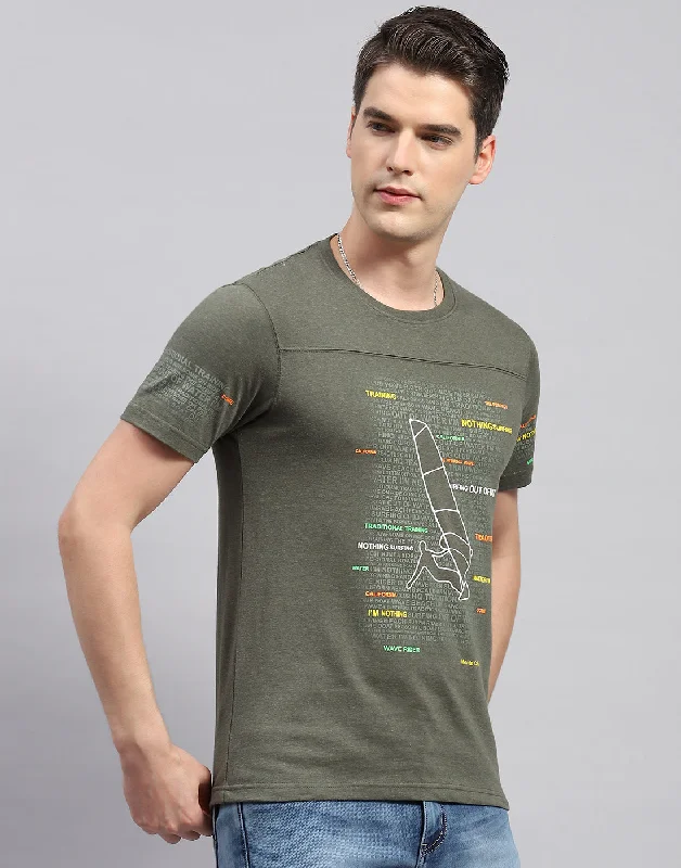 Men Olive Printed Round Neck Half Sleeve T-Shirt