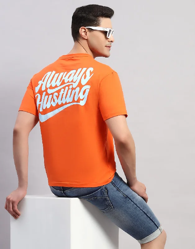 Men Orange Printed Round Neck Half Sleeve T-Shirt