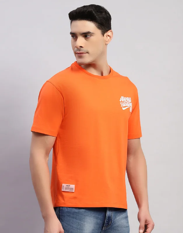 Men Orange Printed Round Neck Half Sleeve T-Shirt