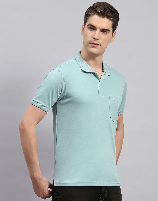 Men Sea Green Solid Collar Neck Half Sleeve T-Shirt