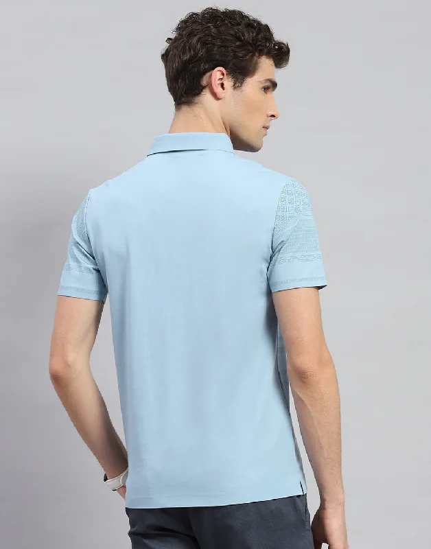 Men Sky Blue Solid Polo Collar Half Sleeve T-Shirt