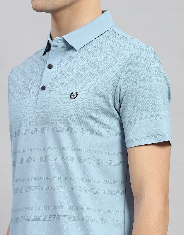 Men Sky Blue Solid Polo Collar Half Sleeve T-Shirt