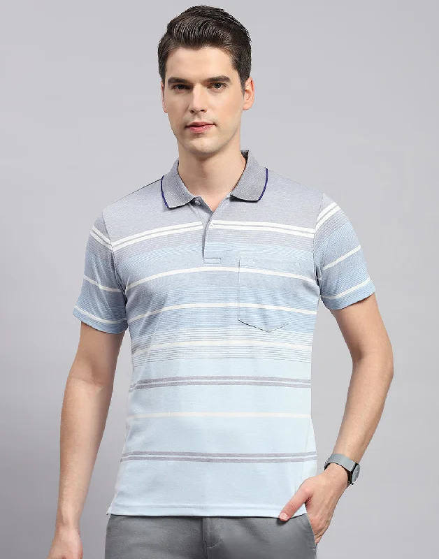 Men Sky Blue Stripe Collar Neck Half Sleeve T-Shirt