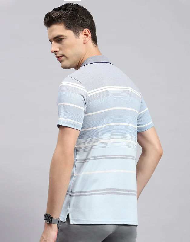 Men Sky Blue Stripe Collar Neck Half Sleeve T-Shirt