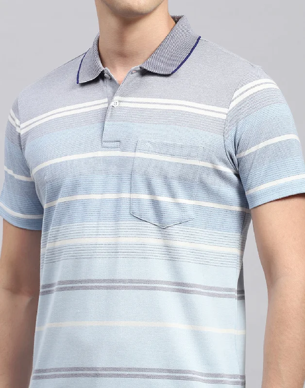 Men Sky Blue Stripe Collar Neck Half Sleeve T-Shirt