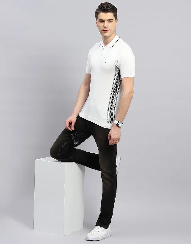 Men White Printed Polo Collar Half Sleeve T-Shirt