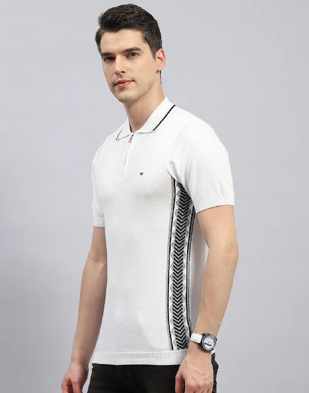 Men White Printed Polo Collar Half Sleeve T-Shirt