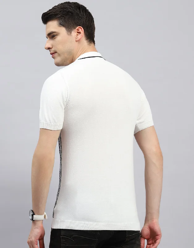 Men White Printed Polo Collar Half Sleeve T-Shirt