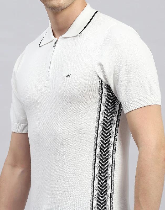 Men White Printed Polo Collar Half Sleeve T-Shirt