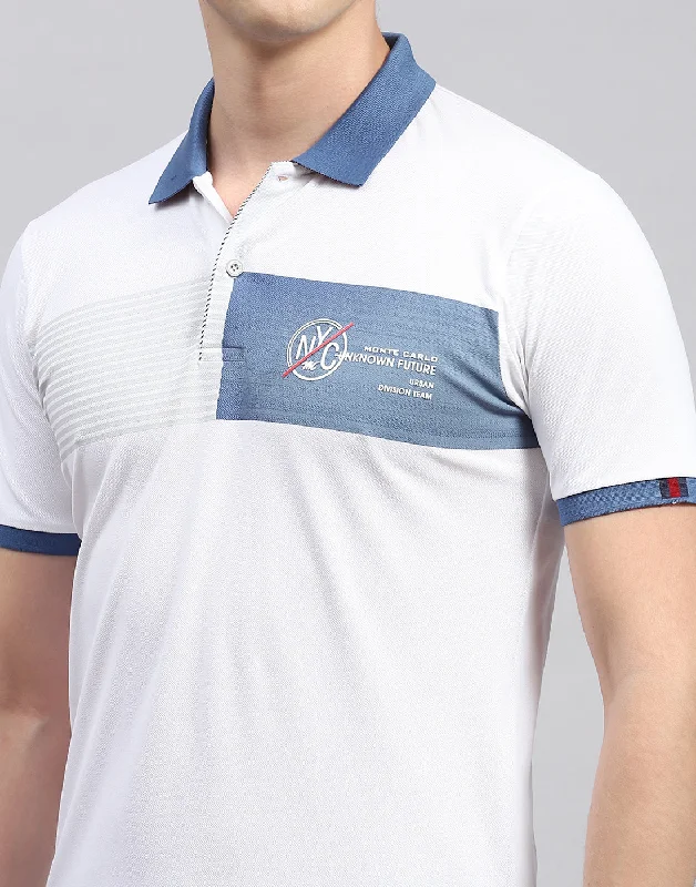 Men White Printed Polo Collar Half Sleeve T-Shirt