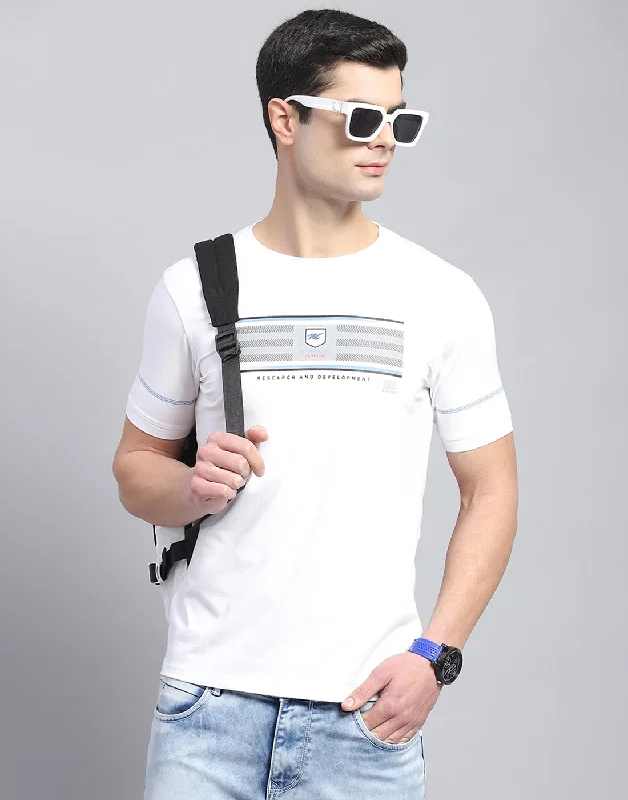 Men White Printed Round Neck Half Sleeve T-Shirt