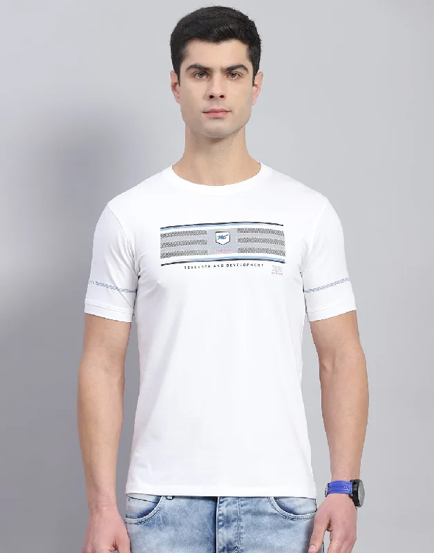 Men White Printed Round Neck Half Sleeve T-Shirt