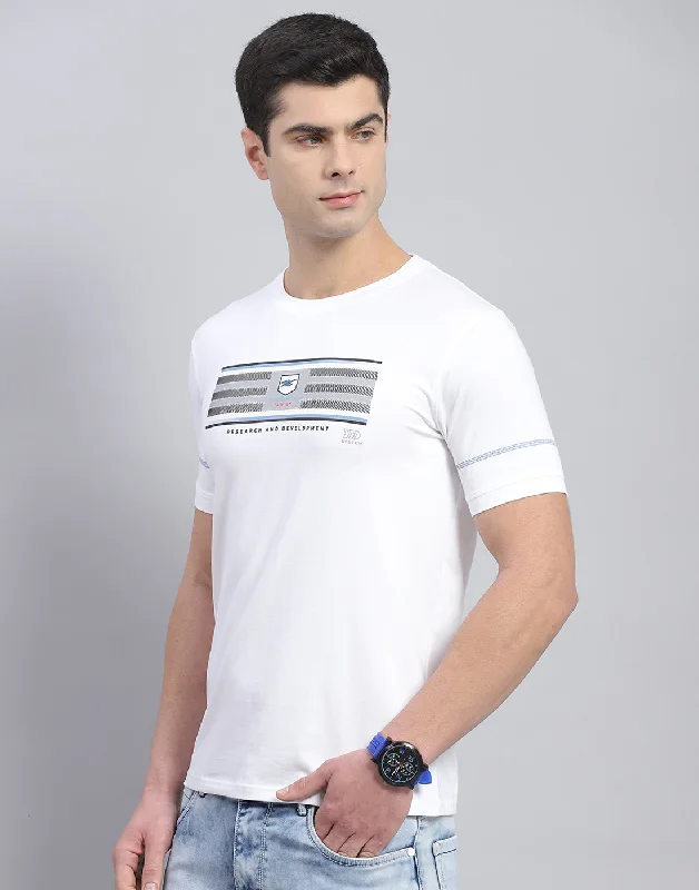 Men White Printed Round Neck Half Sleeve T-Shirt