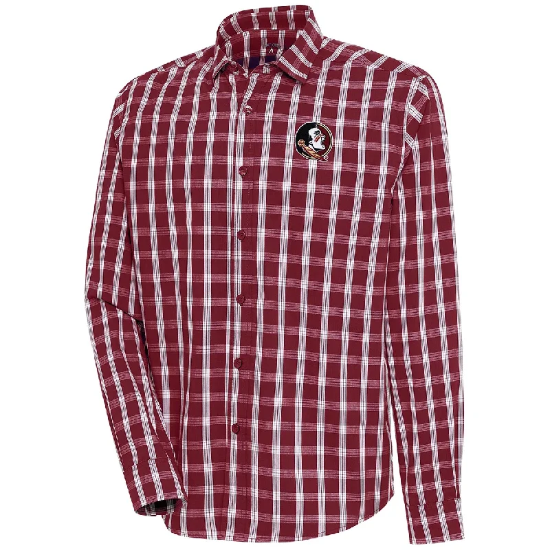 Antigua Men's Seminole Logo Casual Fit Plaid Long Sleeve Woven Shirt - Garnet/White