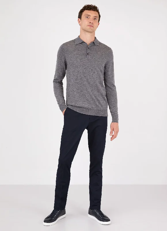 Men's Extra-Fine Merino Polo Shirt in Mid Grey Melange