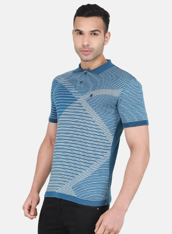 Men Blue Self Design T-Shirt