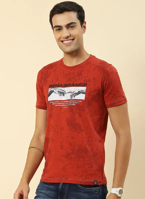 Men Rust Orange Printed T-Shirt