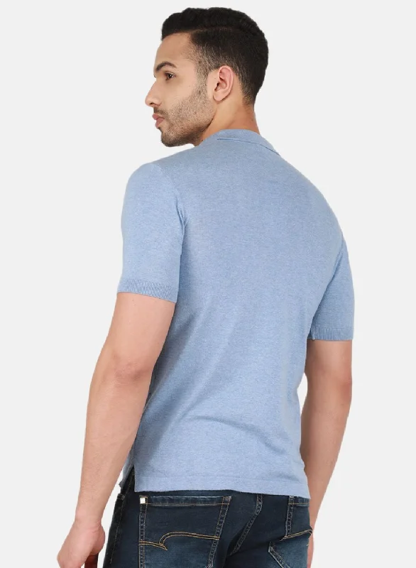 Men Sky Blue Solid T-Shirt