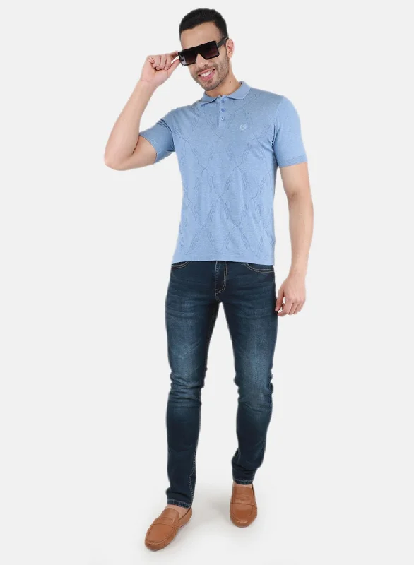 Men Sky Blue Solid T-Shirt