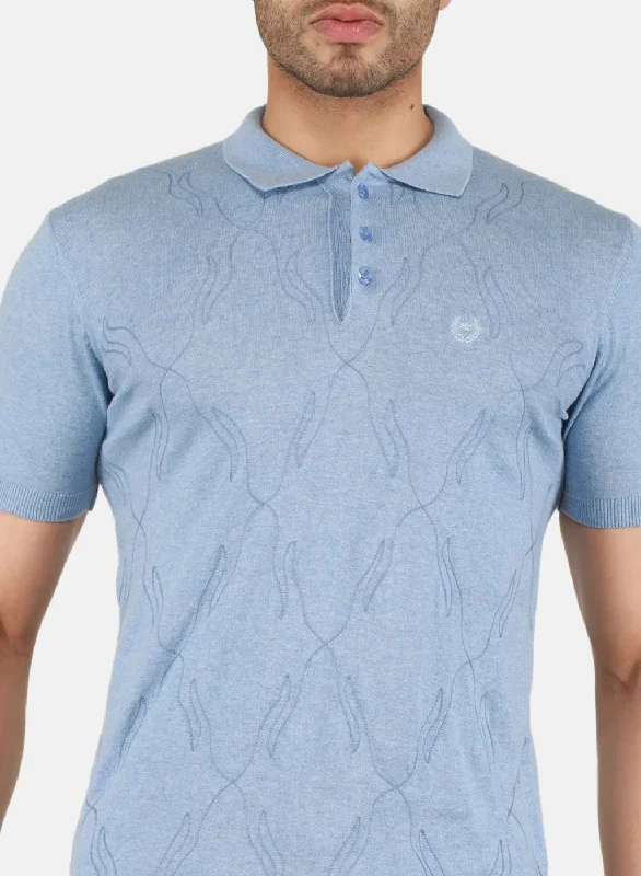 Men Sky Blue Solid T-Shirt