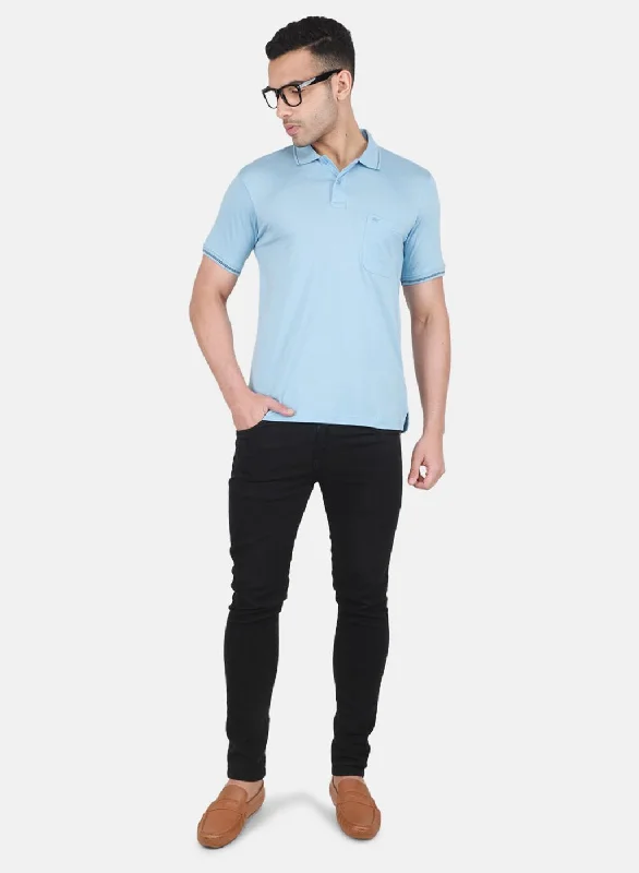 Men Sky Blue Solid T-Shirt