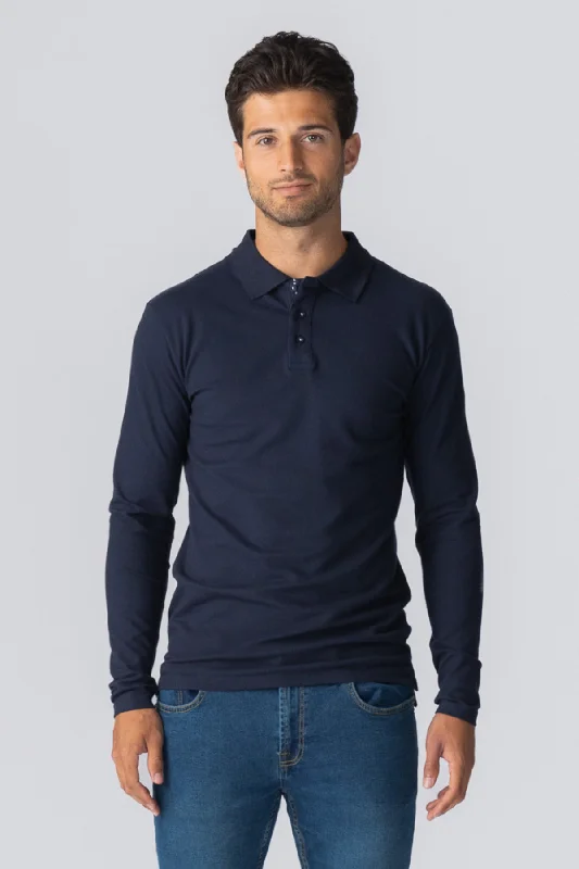 Muscle langærmet Polo Shirt - Navy