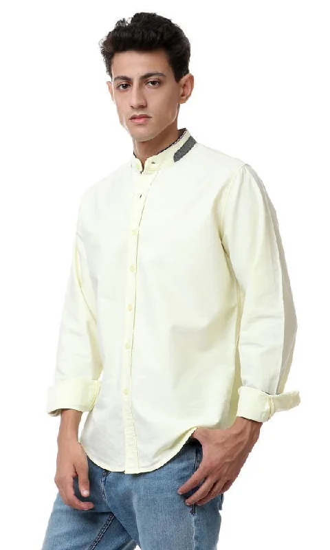 57893 Mandarin Collar Long Sleeves Slub Shirt - Light Yellow