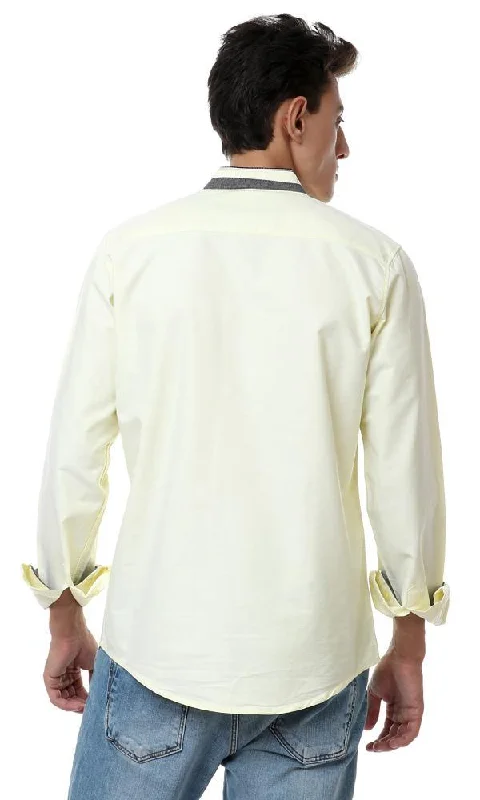 57893 Mandarin Collar Long Sleeves Slub Shirt - Light Yellow