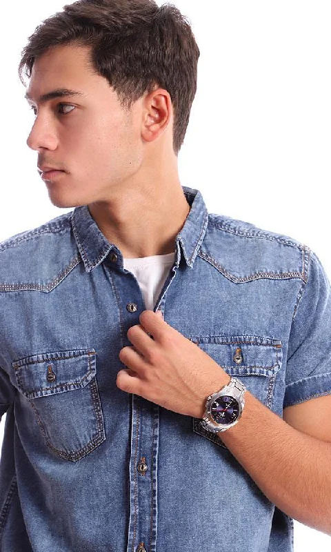 94553 Short Sleeves Classic Collar Denim Shirt - Dark Blue