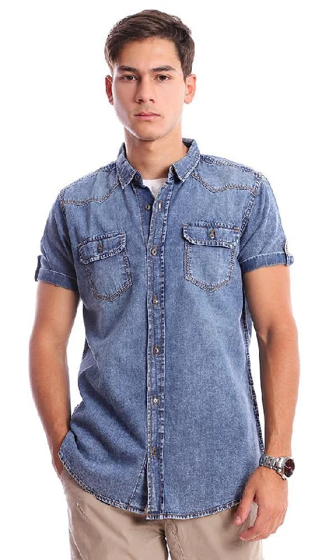 94553 Short Sleeves Classic Collar Denim Shirt - Dark Blue