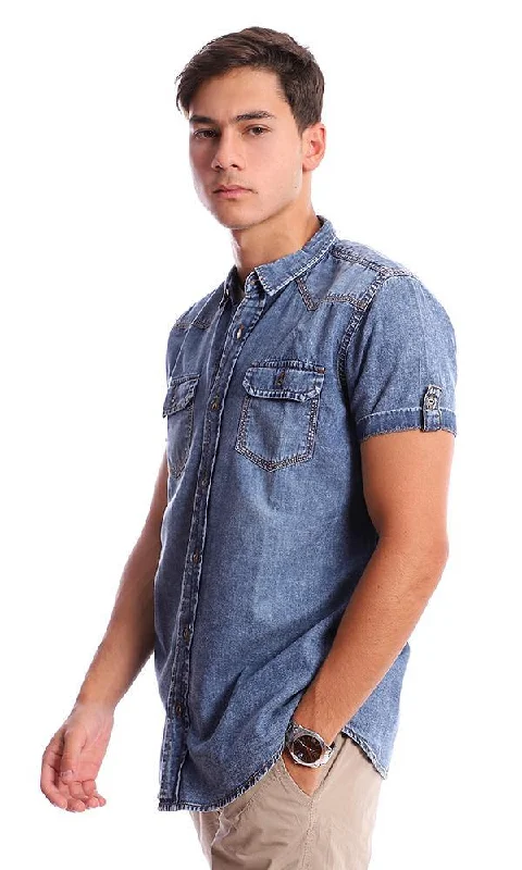 94553 Short Sleeves Classic Collar Denim Shirt - Dark Blue