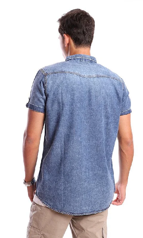 94553 Short Sleeves Classic Collar Denim Shirt - Dark Blue