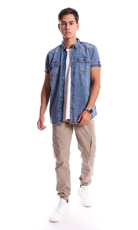 94553 Short Sleeves Classic Collar Denim Shirt - Dark Blue