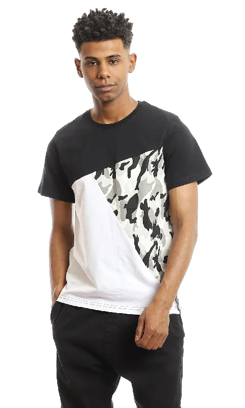 97647 Round Neck Cotton Tee With Camouflage Accent - Black, White & Grey