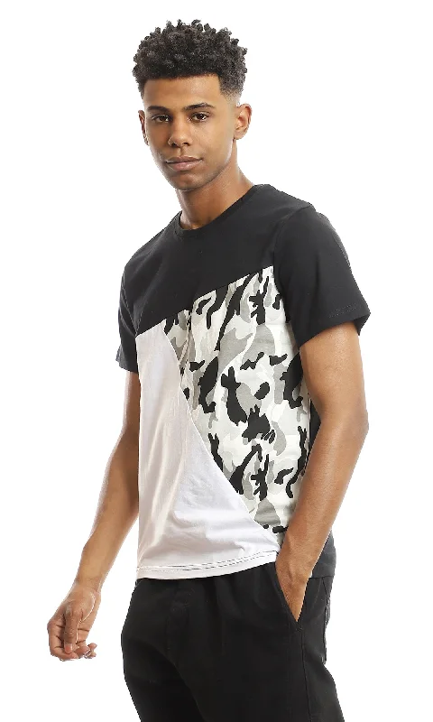 97647 Round Neck Cotton Tee With Camouflage Accent - Black, White & Grey