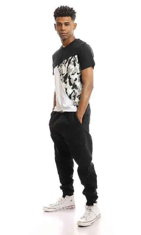 97647 Round Neck Cotton Tee With Camouflage Accent - Black, White & Grey