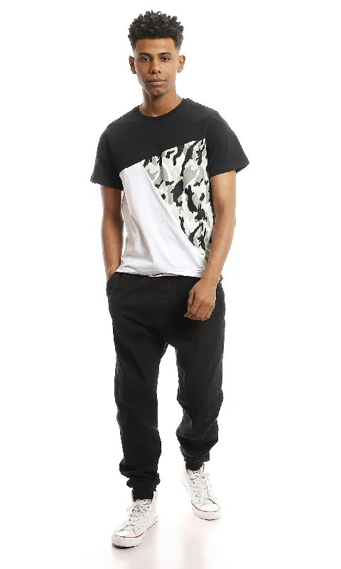 97647 Round Neck Cotton Tee With Camouflage Accent - Black, White & Grey