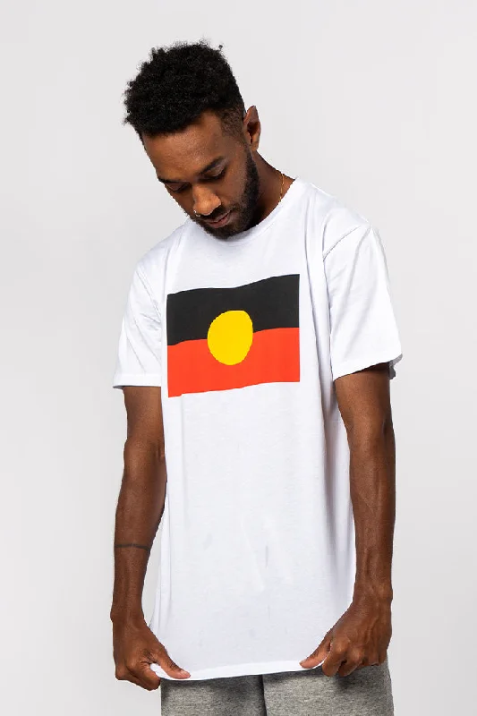 ""Raise the Flag"" Aboriginal Flag (Large) White Cotton Crew Neck Unisex T-Shirt