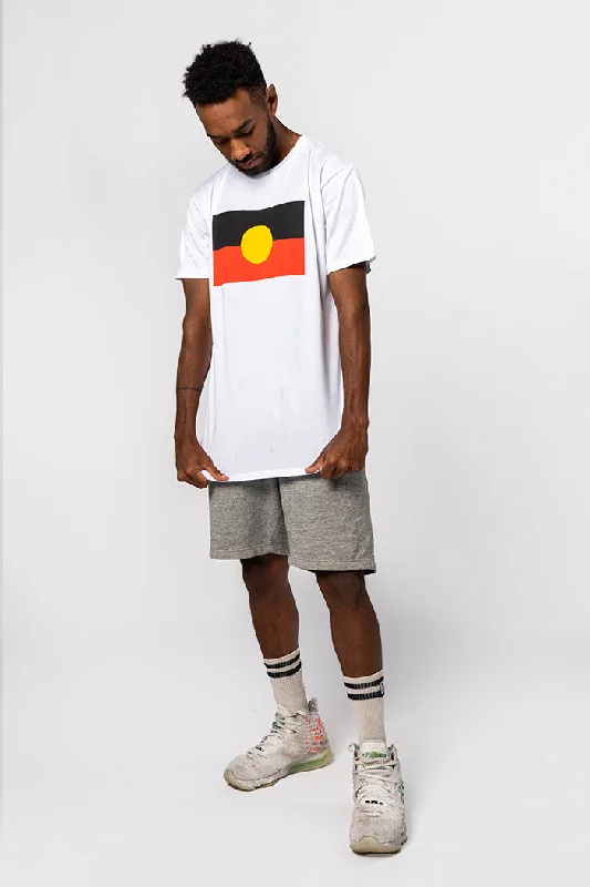 ""Raise the Flag"" Aboriginal Flag (Large) White Cotton Crew Neck Unisex T-Shirt