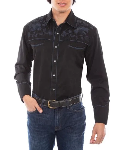 Rose Embroidered Rockabilly Shirt - Black