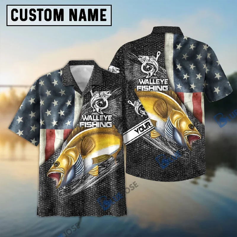 Bluejose Walleye Fishing American Flag Patriotic Custome Name 3D Shirt