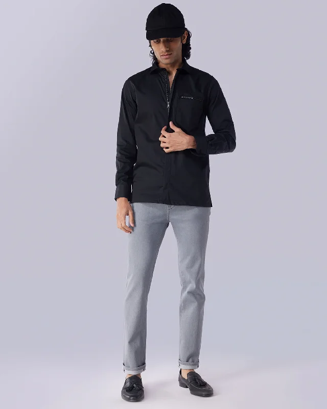 Black Stretch Twill Zipper Shirt