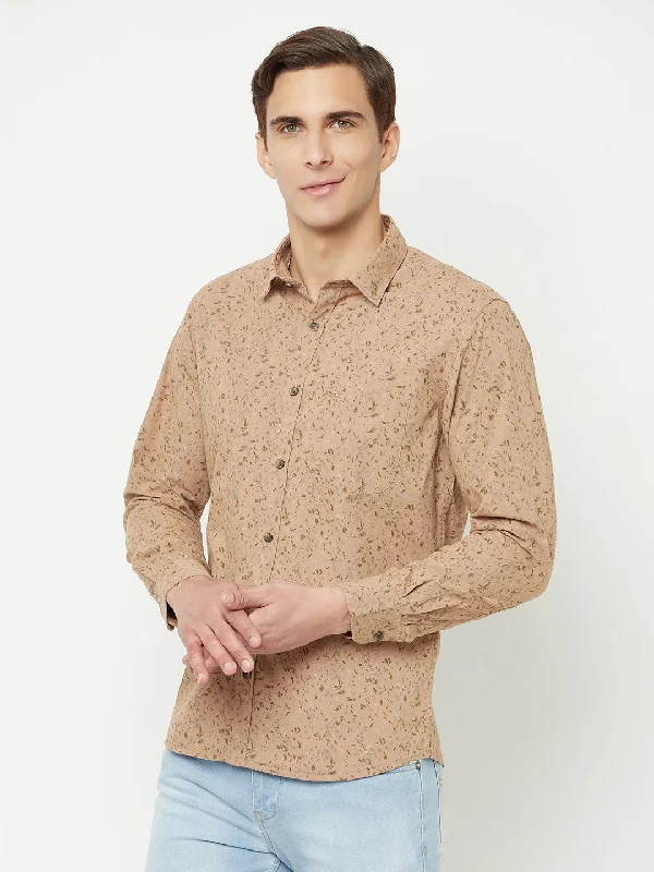 Cantabil Men Cotton Printed Khaki Full Sleeve Casual Shirt for Men with Pocket