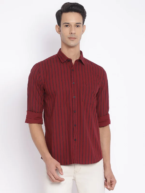 Cantabil Cotton Striped Maroon Full Sleeve Casual Shirt for Men with Pocket