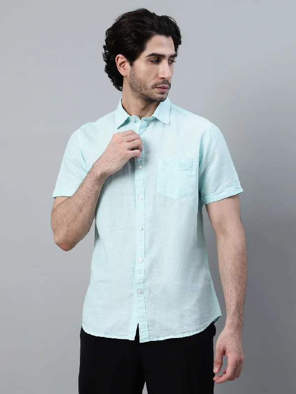 Cantabil Cotton Blend Solid Light Blue Half Sleeve Casual Shirt for Men with Pocket