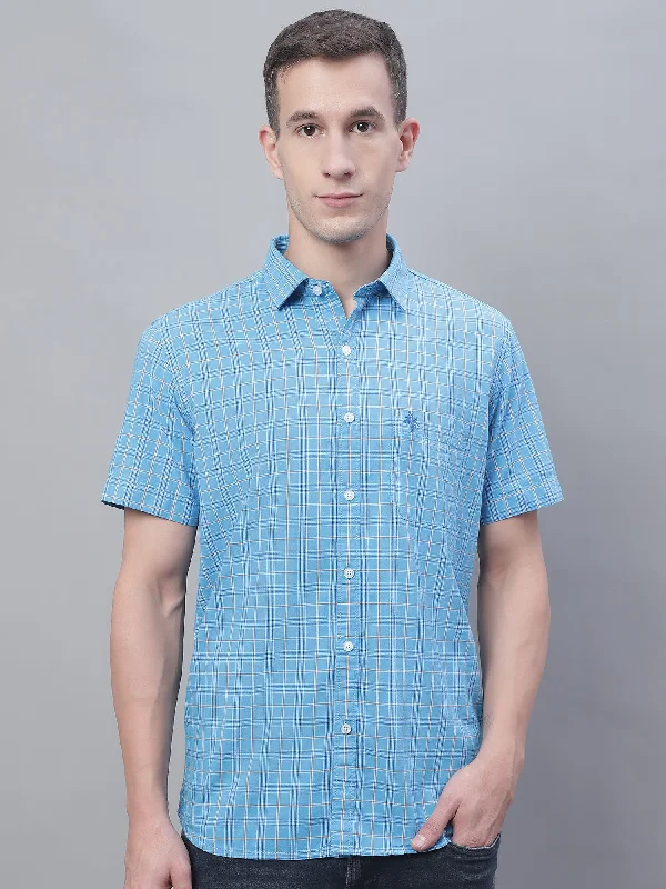 Cantabil Cotton Checkered Blue Half Sleeve Casual Shirt for Men with Pocket